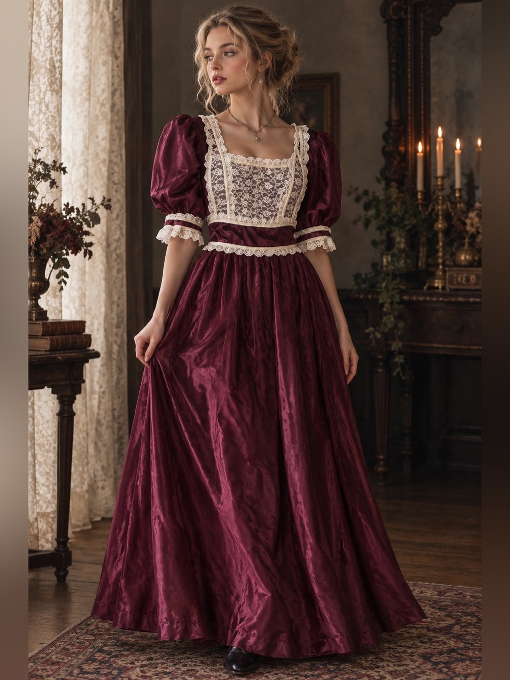 Vtg Burgundy Satin Maxi Dress Romantic Goth Edwardian Gunne style M square neck